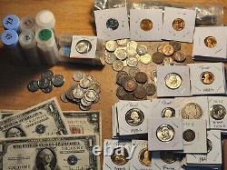 $100 bag, pre 1965 silver, some gem bu, proof, $1 Sil Cert, 1 mint set, an gold