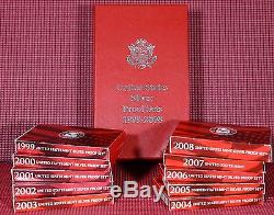 10 SILVER US Mint Proof Sets 1999-2008 Complete 10 year run