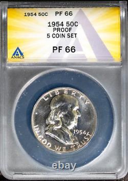 1954 5 Coin Silver Proof Set All Graded PF 66 by ANACS # 7670500 + Bonus