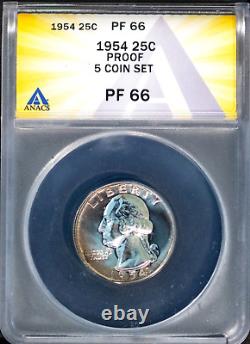1954 5 Coin Silver Proof Set All Graded PF 66 by ANACS # 7670500 + Bonus