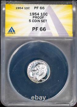1954 5 Coin Silver Proof Set All Graded PF 66 by ANACS # 7670500 + Bonus