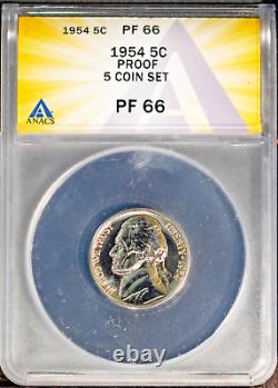 1954 5 Coin Silver Proof Set All Graded PF 66 by ANACS # 7670500 + Bonus