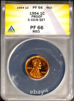 1954 5 Coin Silver Proof Set All Graded PF 66 by ANACS # 7670500 + Bonus