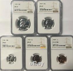 1959 Ngc Pf67 5 Coin Silver Proof Set Franklin Half Quarter Dime Nickel Penny