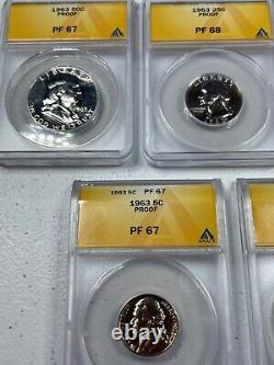1963 US Mint Silver Proof Set, graded by ANACS, PF67/68, LUSTROUS coins
