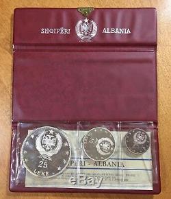1970 ALBANIA 3-Coin Silver Proof Set Original Wallet Packaging, 5 10 25 Leke