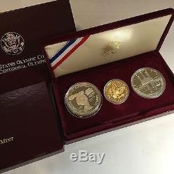 1984 PROOF OLYMPIC 3 COIN GOLD $10 & (2) SILVER $1 ONE DOLLAR SET n BOX