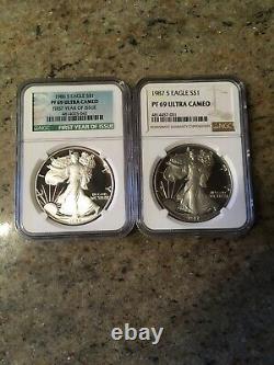1986 S First Year + 1987 S PROOF SILVER EAGLE Set NGC PF 69 2 Coin Set