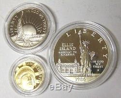 1986 US Statue of Liberty 3-Coin Commemorative BU Set Gold & Silver Proof In Box