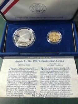 1987-S U. S. Constitution 2 Coin Proof Set $5 Gold and $1 Silver Dollar with COA