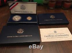 1987 US Mint United States Constitution 2 Coin Silver & Gold Proof Set OGP COA