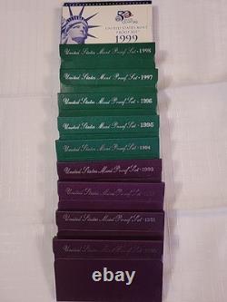 1990 1999 TEN Annual United States Mint Proof Sets 57 Coins Lot of 10 Complete
