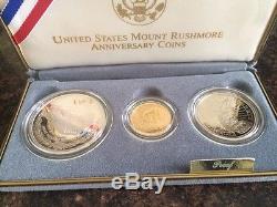1991 US Mount Rushmore Anniversary 3 Coin Gold & Silver Proof Set in Box COA