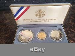 1991 US Mount Rushmore Anniversary 3 Coin Gold & Silver Proof Set in Box COA