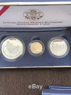 1991 U. S. 3-coin Mount Rushmore commemorative PROOF set 50c, silver $1, gold $5