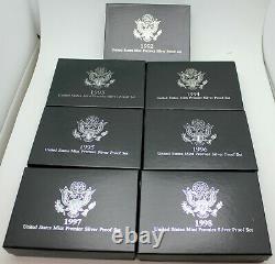 1992-1998 Premier Silver Proof Sets in OGP withCOA Complete 7 Year Proof Set Run