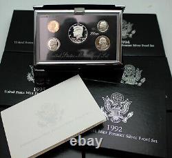 1992-1998 Premier Silver Proof Sets in OGP withCOA Complete 7 Year Proof Set Run