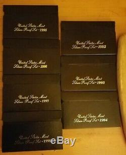 1992-1998 U. S. Mint Silver Proof Lot of 7 Black Box Sets OGP withCOA FRESH + CLEAN