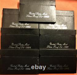 1992-1998 United States Mint Silver Proof Sets, Complete 7 Silver Sets, Ogp /coa