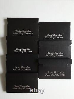 1992-1998 United States Mint Silver Proof Sets, Lot of 7, Uncirculated, Preowned