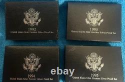 1992 thru 1995 U. S. Mint Premier Silver Proof Sets OGP /COA