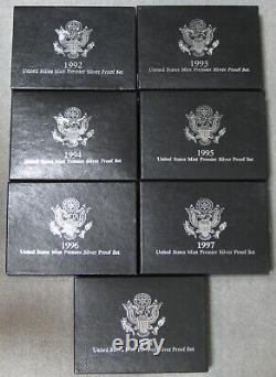 1992 thru 1998 Government Issued Premier Silver Proof Set Complete Run of 7