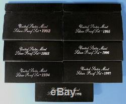 1992 thru 1998 Silver Proof Sets Collection with boxes & COA's