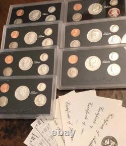 1992 thru 1998 US Mint ANNUAL 5 Coin SILVER Proof Set Lot 7 Sets 35 Coins