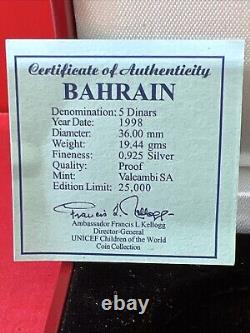 1998 BAHRAIN 5D SILVER PROOF RARE with COA and box 5 Dinars AH1418 UNICEF