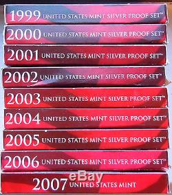 1999-2007S U. S. SILVER PROOF SETS (91 COINS) COMPLETE PACKAGING With COA