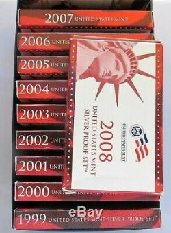1999-2008 Lot of (10) US Mint SILVER Proof Sets Complete WithBoxes/COA Mint Box