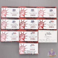 1999-2008 S Proof Set Run Box & COA 90% Silver US Mint 10 Sets 109 Coins