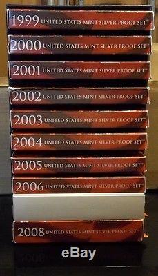 1999-2008 S Silver US Mint Proof Sets in OGP and Storage box for proof sets