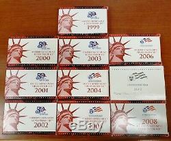 1999 2008 Silver Proof Set Lot United States Mint OGP Box & COA Collection
