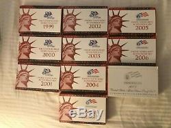 1999 2008 US MINT SILVER PROOF SETS (10-Set Lot) in Original Boxes with COA