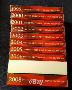 1999 2008 US MINT SILVER PROOF SETS with BOXES and COA'S TOTAL 10 SETS