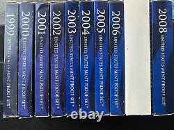 1999-2008 US Mint Proof Sets OGP Box & COA Lot 109 Coins (10 Annual Sets)
