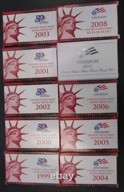 1999-2008 United States Mint Silver Proof Sets (10 Total Sets) in the box