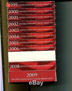 1999 2009 S United States Silver Full Proof Set Lot Of 11 With Boxes