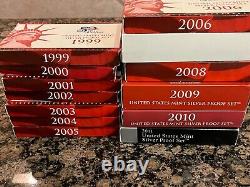 1999-2011 Us Mint Silver Proof Sets 13 Silver Proof Sets Total