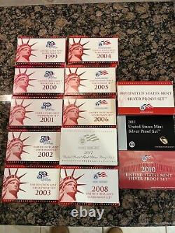 1999-2011 Us Mint Silver Proof Sets 13 Silver Proof Sets Total