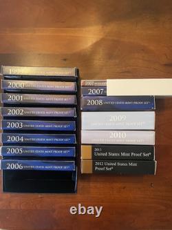 1999-2012 S Proof Sets with Boxes & COAs, OGP With Mint Box 169 Coins 14 Sets
