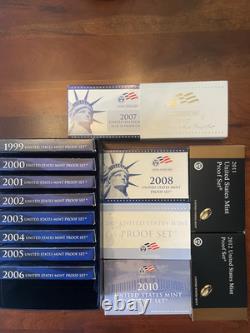 1999-2012 S Proof Sets with Boxes & COAs, OGP With Mint Box 169 Coins 14 Sets