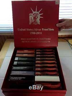 1999-2015 U S Mint Silver Proof Sets, 17 sets, with very nice storage box