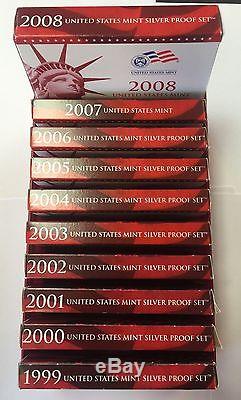1999-2015 U S Mint Silver Proof Sets, 17 sets, with very nice storage box