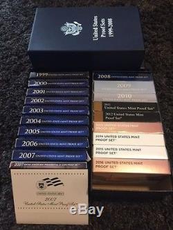 1999-2016 Silver & Clad Proof Set Collection. 36 sets in 4 collector boxes