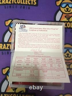 1999-S US Mint SILVER Proof Set With Original Box & COA 9 Coins Box Slightly Distr