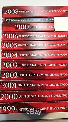 1999 THRU 2008 SILVER PROOF SETS WITH COAs & BOXES