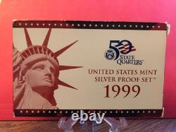 1999 United States Mint SILVER PROOF SET 9 Coin Set with State Quarters and COA