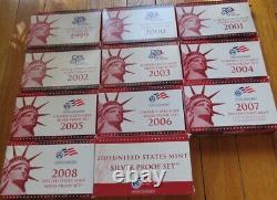 1999 to 2009 Silver Proof Set U. S. Mint COA 11 Silver Sets with Silver Quarters